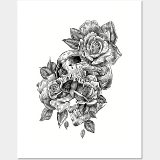 black and white ink line drawing skull and roses 2 Posters and Art